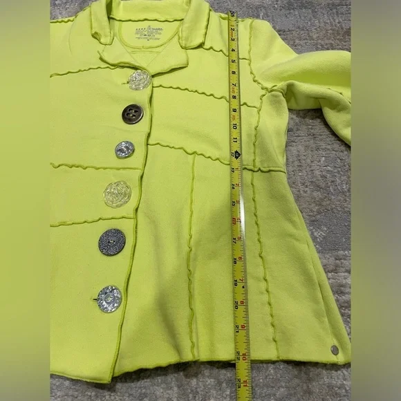 Neon Buddha Yellow Green Mix Buttons Cotton Sweater Jacket Size Medium - Picture 8 of 8
